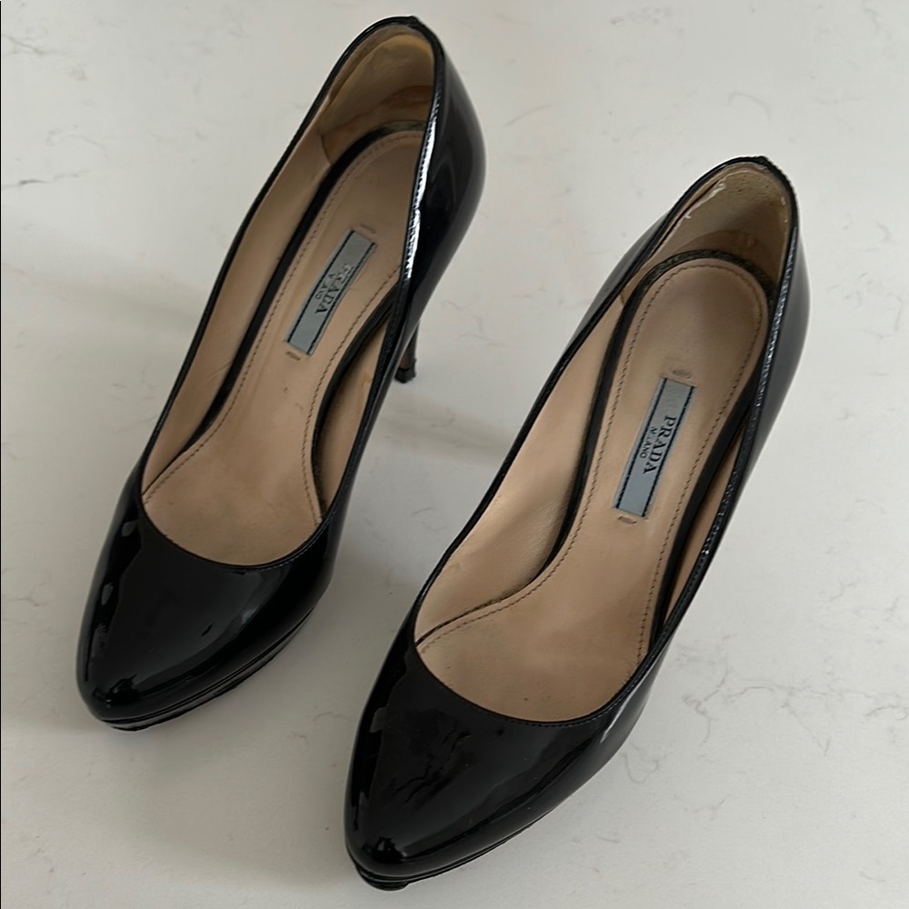 Prada Black Patent Almond Toe Platform Pump - Size 37 / 7